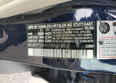 2007 Mercedes-Benz C 280 from USA, damaged, VIN WDBRF54H17A941060